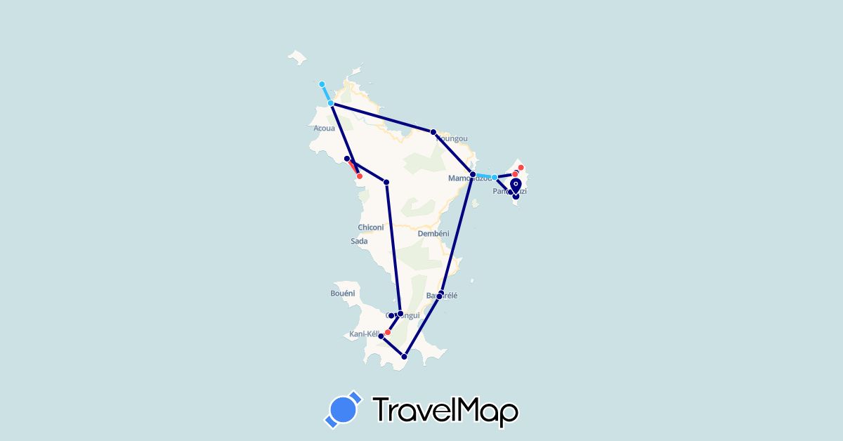 TravelMap itinerary: driving, hiking, boat in Mayotte (Africa)
